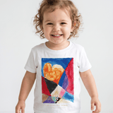 A smiling happy toddler girl with curly blonde hair wearing a white t-shirt with a custom designed colorful stain glass watercolor with an abstract heart in the center, on a airy light studio background. 