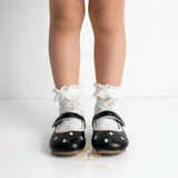 Girls Mary Jane Flats Vintage Style Children's Shoes Floral Embroidered Black