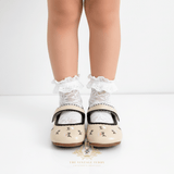 Girls Mary Jane Flats Vintage Style Children's Shoes Floral Embroidered Cream
