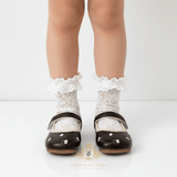 Girls Mary Jane Flats Vintage Style Children's Shoes Floral Embroidered Chocolate Brown