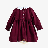 Girls Long Sleeve Corduroy Embroidered Smocked Dress Burgundy