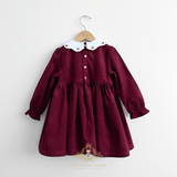 Girls Long Sleeve Corduroy Embroidered Smocked Dress Burgundy
