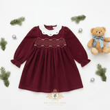 Girls Long Sleeve Corduroy Embroidered Smocked Dress Burgundy