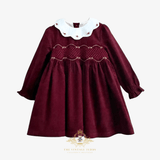 Girls Long Sleeve Corduroy Embroidered Smocked Dress Burgundy