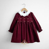 Girls Long Sleeve Corduroy Embroidered Smocked Dress Burgundy