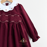 Girls Long Sleeve Corduroy Embroidered Smocked Dress Burgundy