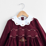 Girls Long Sleeve Corduroy Embroidered Smocked Dress Burgundy