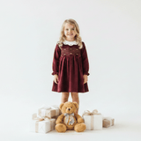 Girls Long Sleeve Corduroy Embroidered Smocked Dress Burgundy