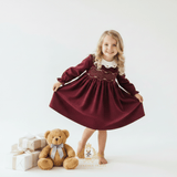 Girls Long Sleeve Corduroy Embroidered Smocked Dress Burgundy