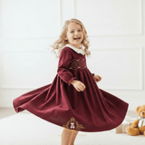Girls Long Sleeve Corduroy Embroidered Smocked Dress Burgundy