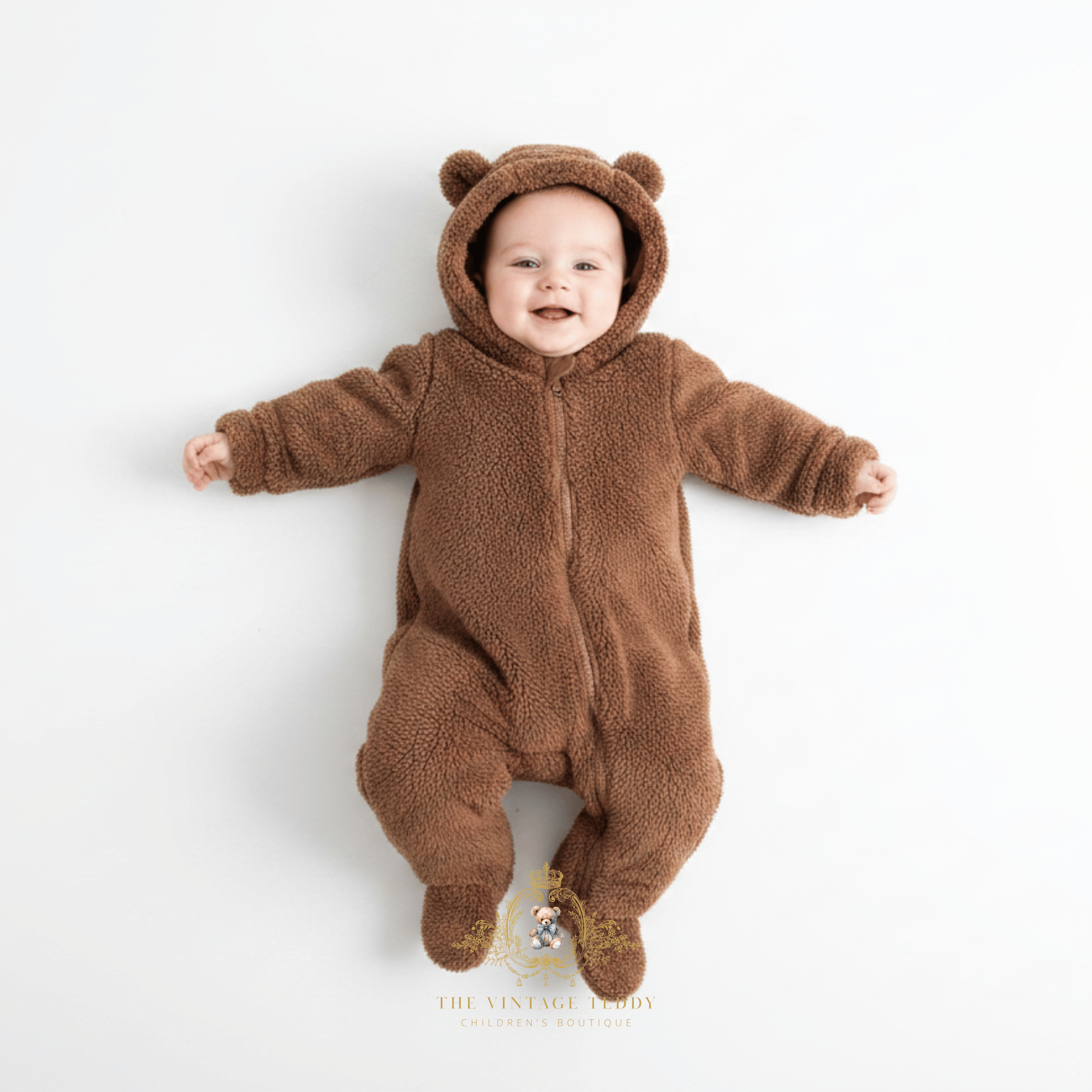 A happy baby lying flat on a white background wearing a brown teddy bear one-piece footed romper with a hood featuring bear ears and a front zipper.