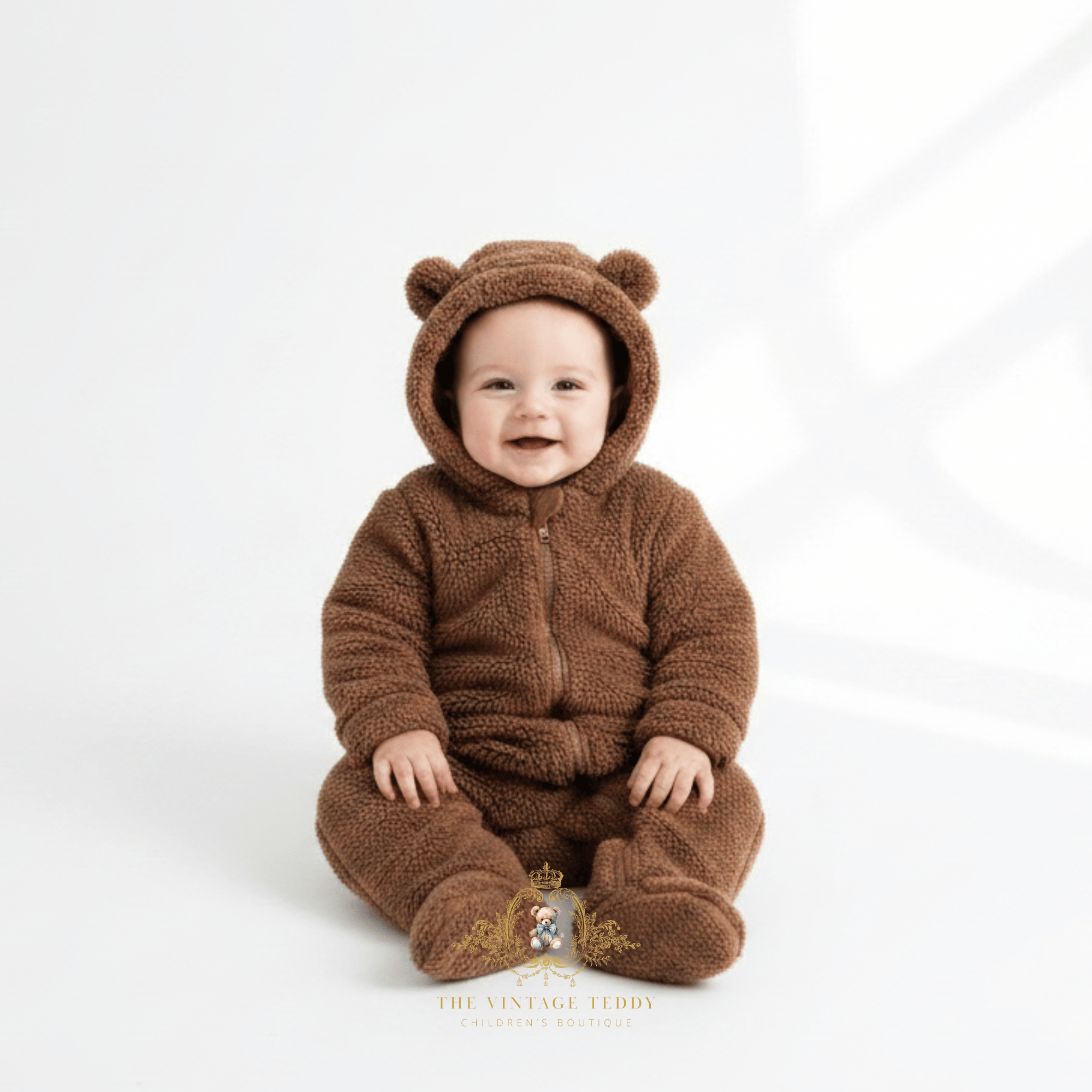 A baby wearing a cozy brown teddy bear bodysuit with a hood featuring bear ears, sitting against a clean white studio background. The brand name 'The Vintage Teddy' is visible at the bottom.