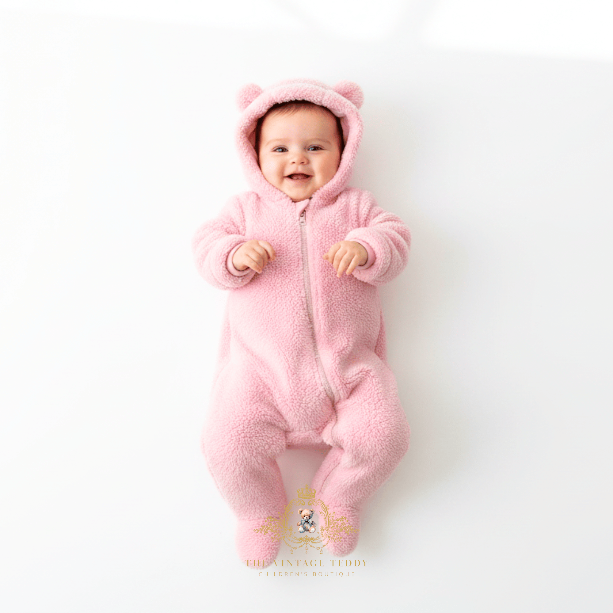 A smiling baby girl lying on her back wearing a fluffy soft fleece pink hooded one-piece jumpsuit with bear ears on the hood, against a clean white background. The Vintage Teddy's watermark logo displayed at bottom center.