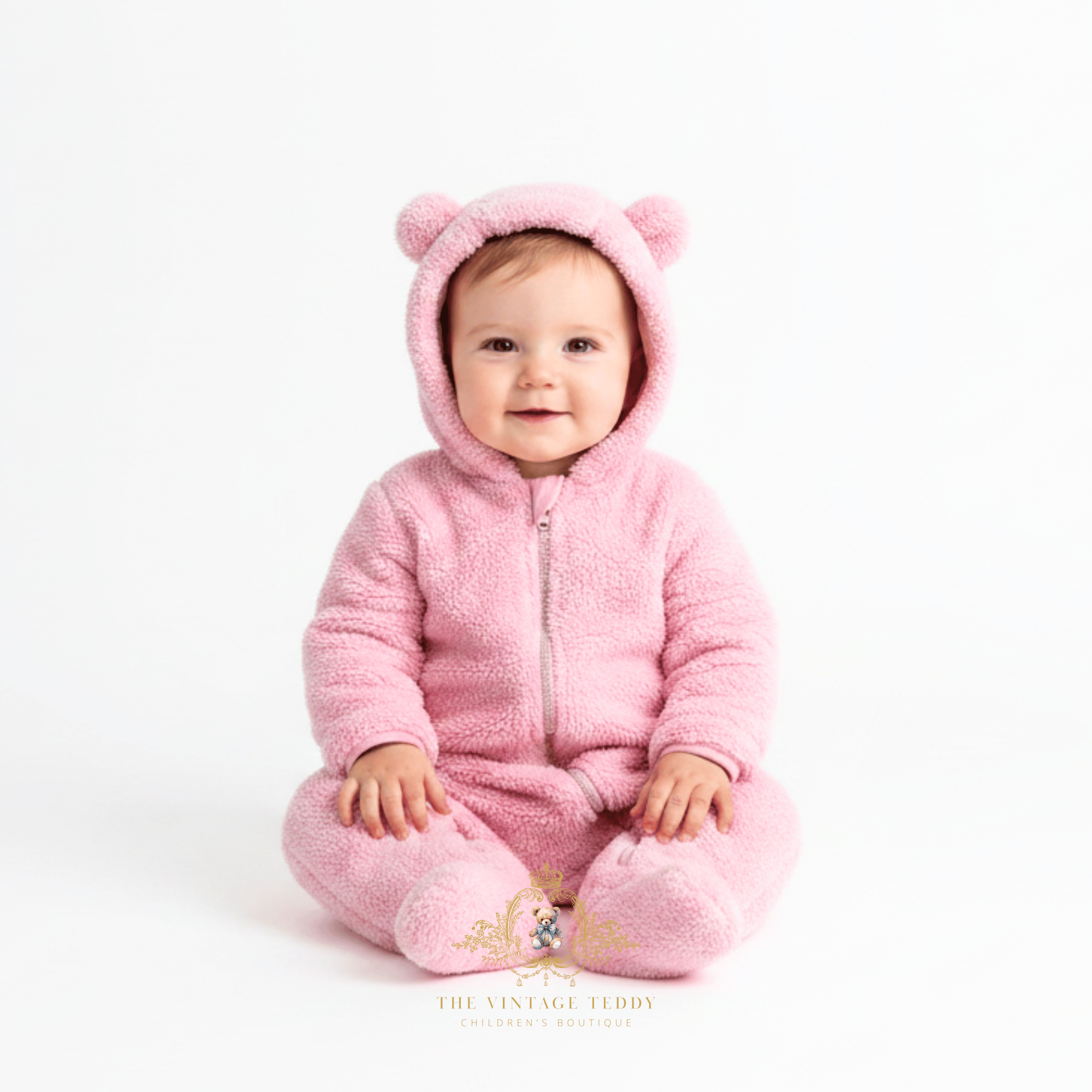 A baby sitting wearing a pink plush hooded and footed one-piece outfit with bear ears on the hood, clean white studio background. A watermark at the bottom reads The Vintage Teddy Children's Boutique.