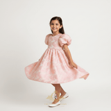 Girls Fine Jacquard Celebration Dress Floral Pink & Gold
