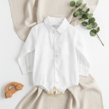 Boys Oxford Long Sleeve Romper Onesie White