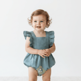 Girls Linen Ruffled Romper Bubble Baby & Toddler Bohemian Ocean Blue