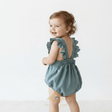 Girls Linen Ruffled Romper Bubble Baby & Toddler Bohemian Ocean Blue