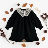 Girls Long Sleeve Lace Bib Collar Peasant Dress Black & Cream