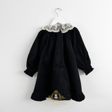 Girls Long Sleeve Lace Bib Collar Peasant Dress Black & Cream