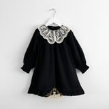 Girls Long Sleeve Lace Bib Collar Peasant Dress Black & Cream