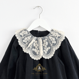 Girls Long Sleeve Lace Bib Collar Peasant Dress Black & Cream
