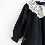 Girls Long Sleeve Lace Bib Collar Peasant Dress Black & Cream