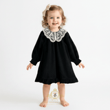 Girls Long Sleeve Lace Bib Collar Peasant Dress Black & Cream