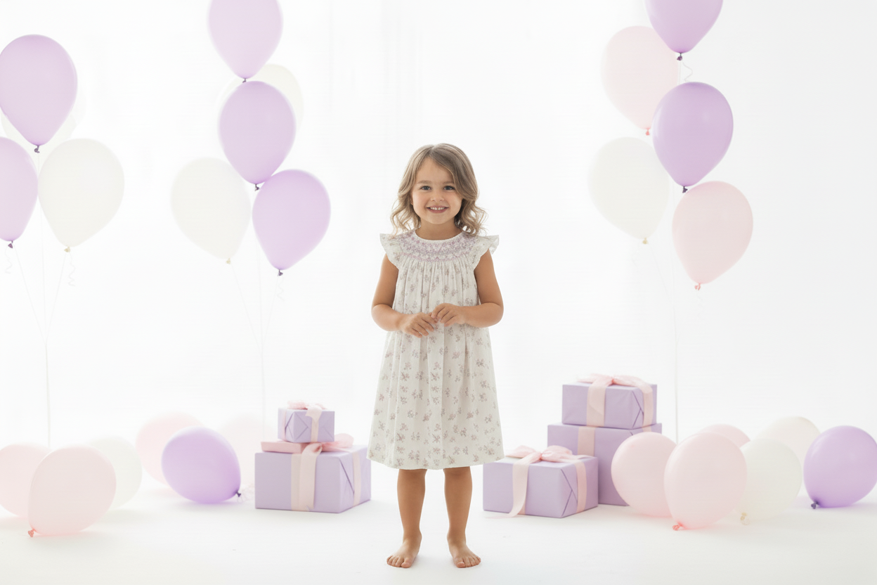 Girl wearing white floral smocked bishop dress with purple balloons and gift boxes
