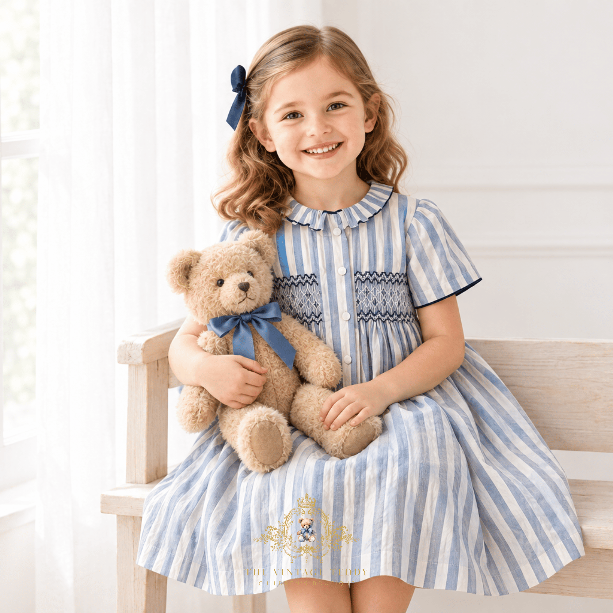 A young girl with wavy brown hair wearing a blue and white striped dress sits on a wooden bench holding a brown teddy bear with a blue bow. The background is a bright, softly lit room with white curtains.