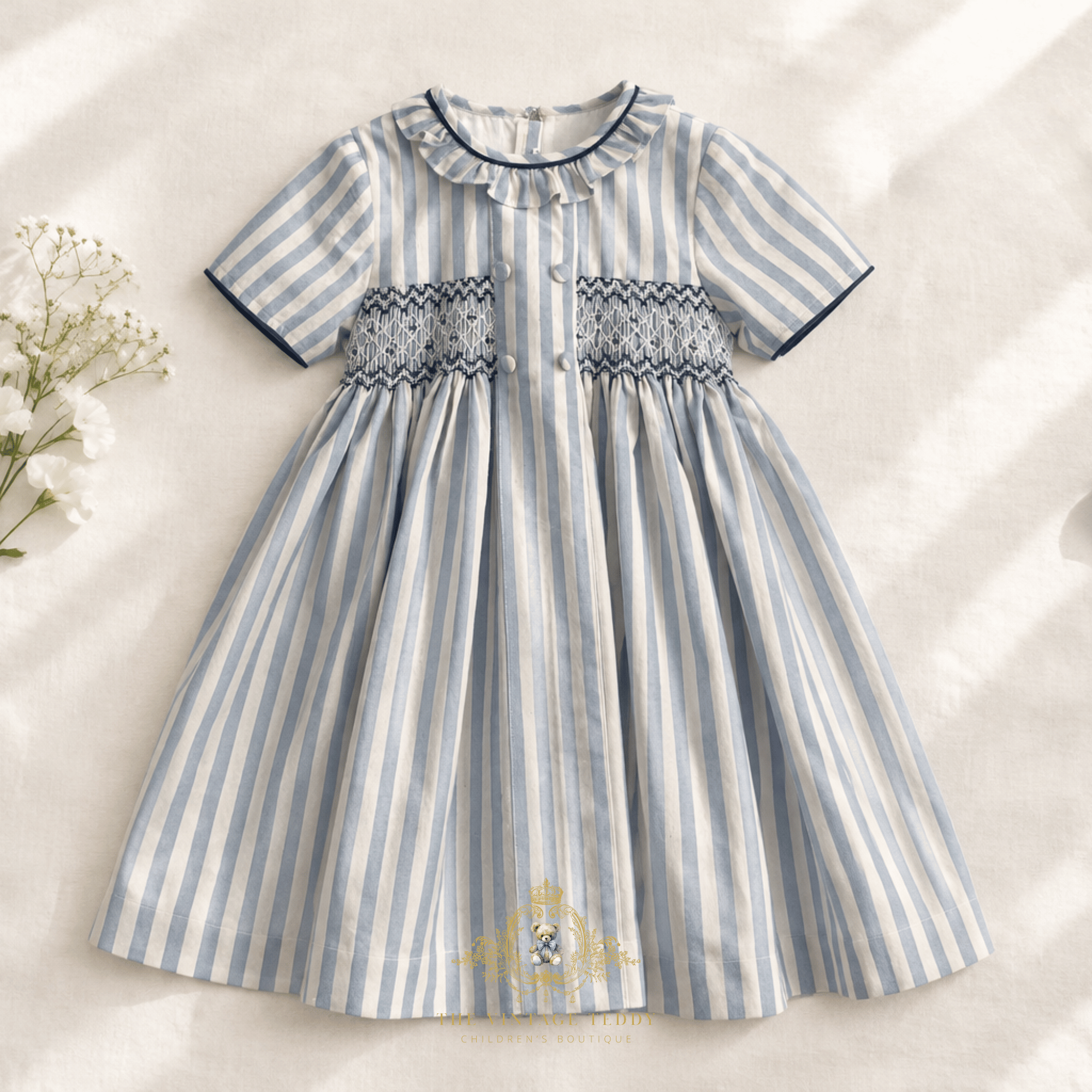 A short-sleeve baby or toddler girls dress with vertical light blue and white stripes, featuring a smocked bodice and ruffled collar, laid flat on a textured cream fabric background with white baby's breath flowers on the left.